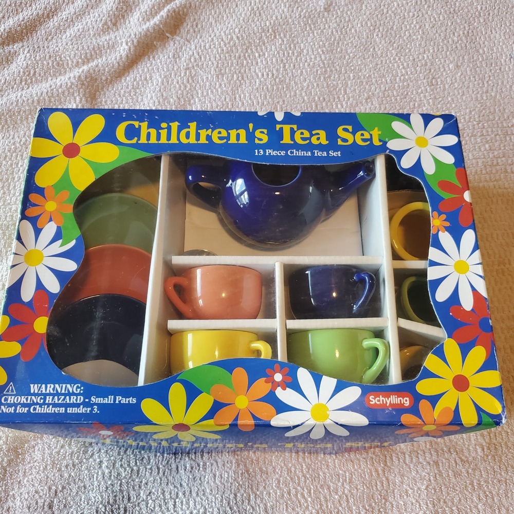 Schylling Childrens Tea Set 13 Piece China Ceramic Multicolor Play Set Boxed